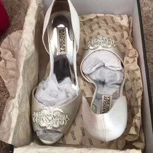 Badgley Mischika white satin wedding heels.